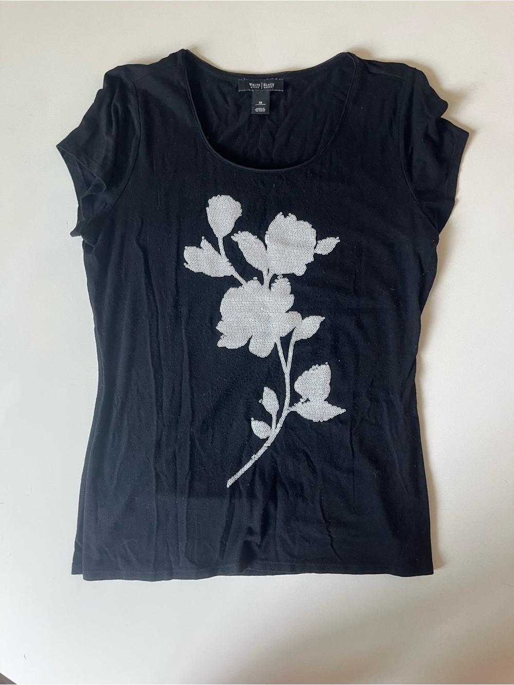 White House Black Market Sequin Floral Scoop Neck Tee, Size Medium